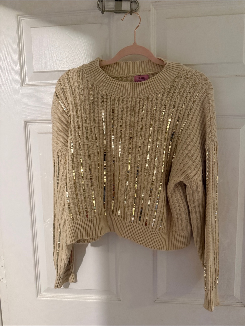 miami Cream Ribbed Crewneck Sweater with Gold Sequins